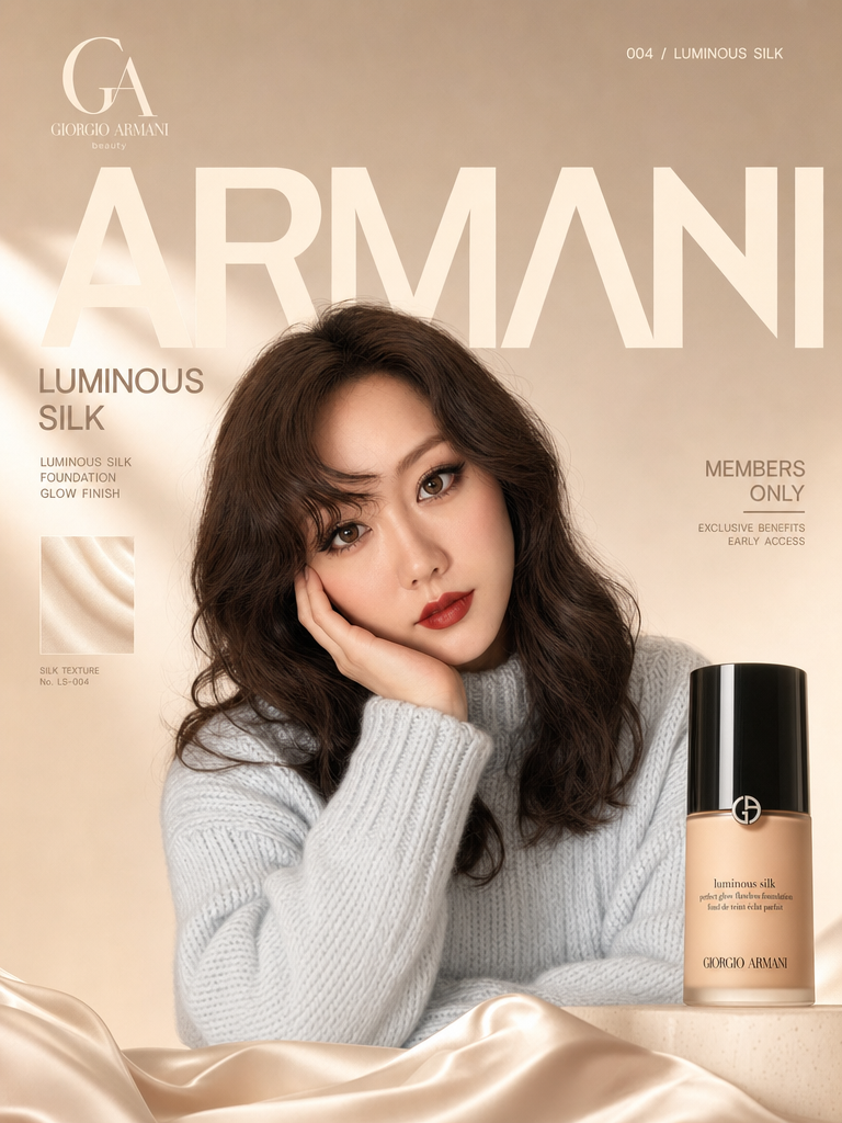 Giorgio Armani Luminous Silk Foundation shade 004 beauty campaign poster featuring a woman with flawless glow finish makeup