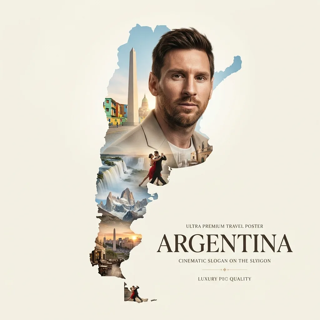 A cinematic luxury travel poster featuring Lionel Messi in a sophisticated double-exposure editorial style, seamlessly blended into the silhouette map of Argentina. The composition includes iconic Argentine landmarks and scenery such as the Obelisco de Buenos Aires, La Boca, Iguazu Falls, Patagonia’s Fitz Roy mountains, tango dancers, traditional cafes, and classic city architecture, all presented with warm golden-hour lighting, elegant serif typography, and a premium tourism campaign aesthetic.