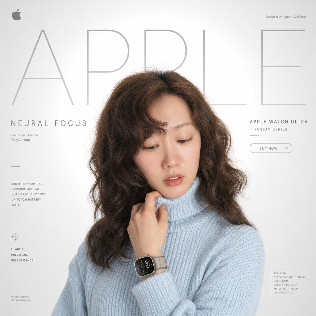 An Apple Watch Ultra advertisement style poster featuring an East Asian woman with wavy brown hair and a light blue turtleneck sweater, looking down thoughtfully against a clean white background with minimalist typography.