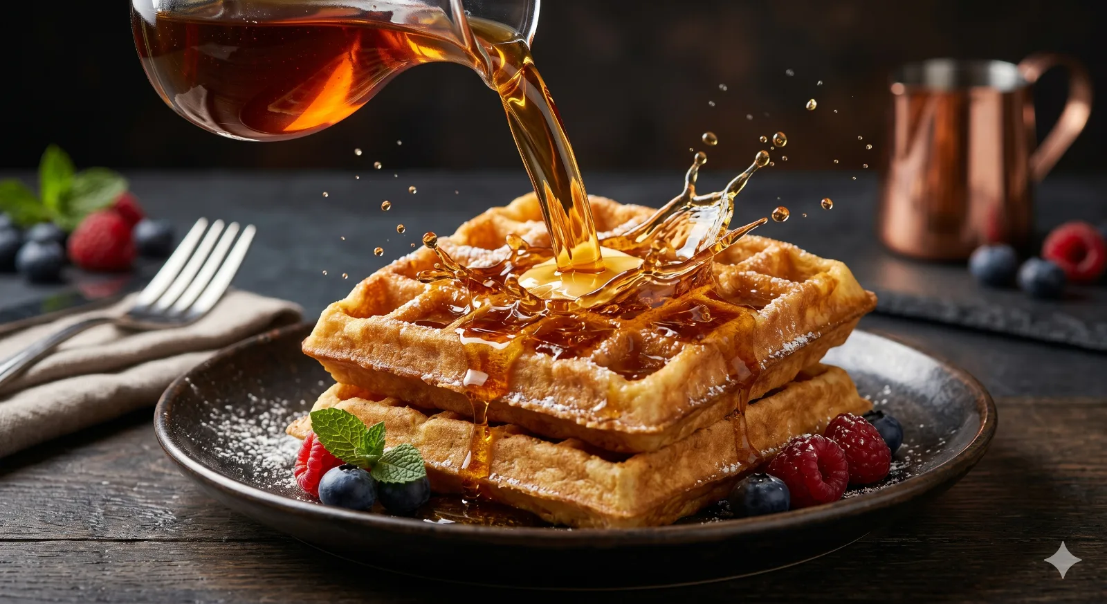 Maple Syrup Pouring on Crispy Waffles