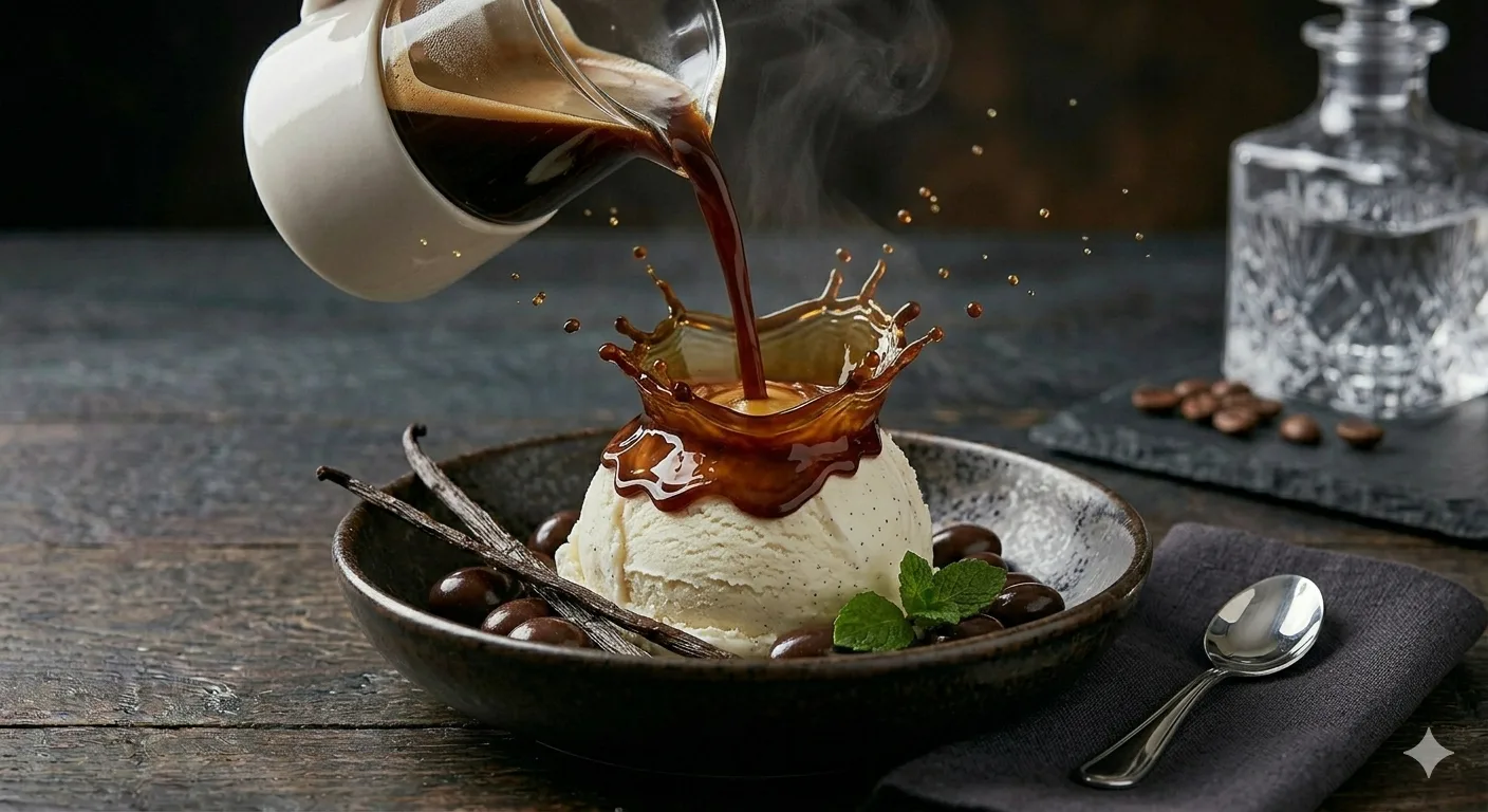 Stream of Espresso Being Poured Over Vanilla Ice Cream Creating