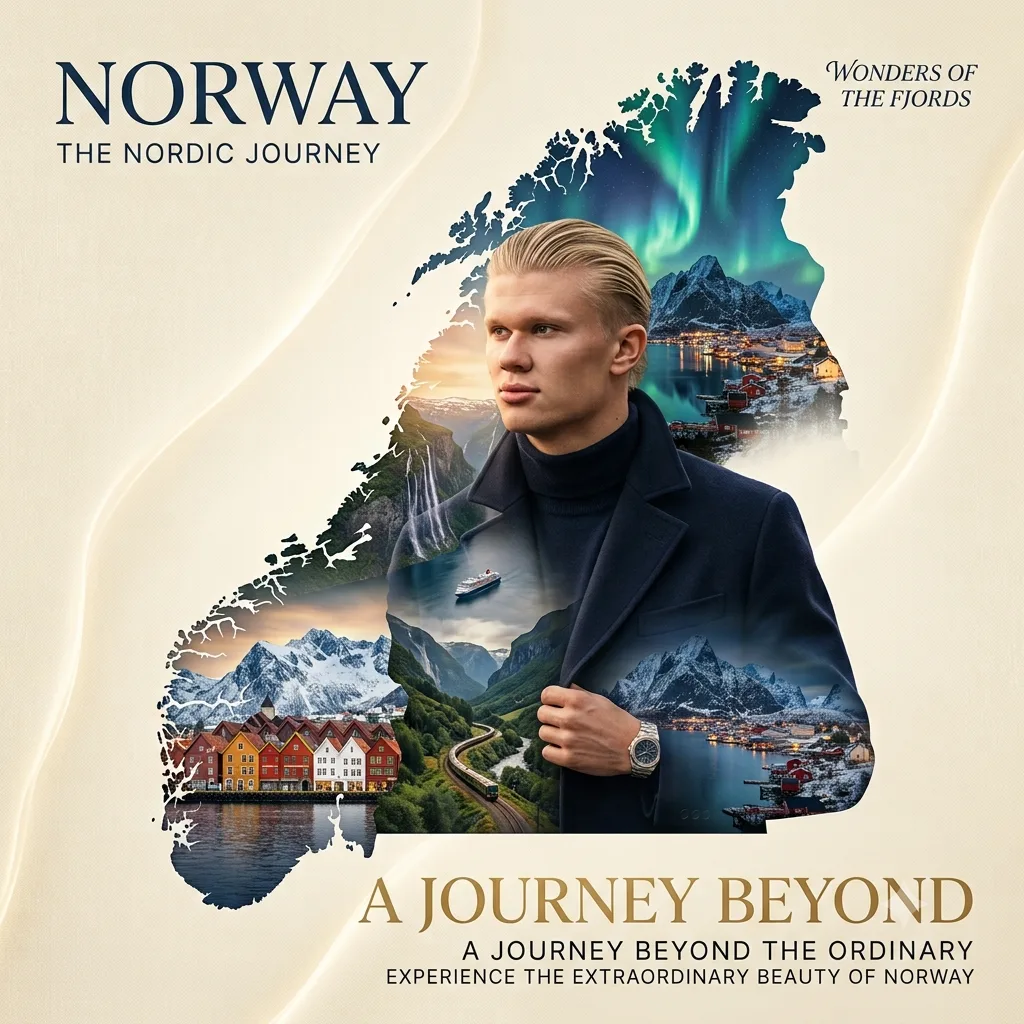 Norway World Cup AI Erling Haaland Ultra premium Cinematic Travel Poster in a Sophisticated