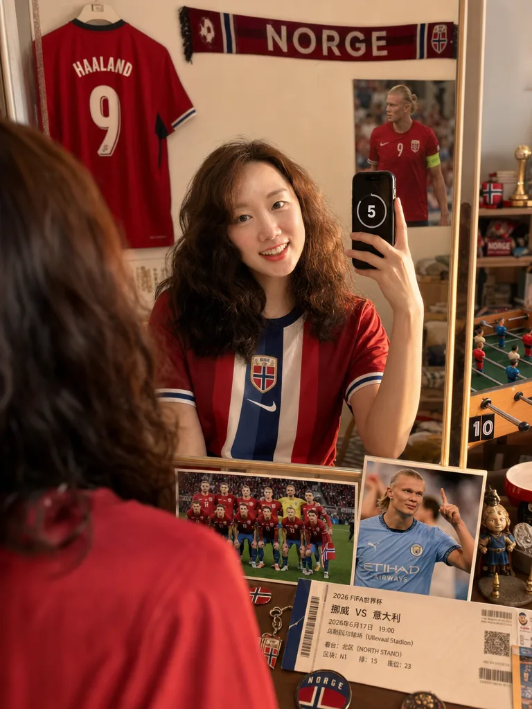Norway-inspired soccer fan in red, white, and blue matchday styling in a creator portrait scene